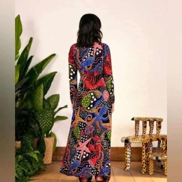 NWT Farm Rio Under The Sea Long Sleeve V-neck Plunge Ruffle Maxi Dress Small - Picture 3 of 15